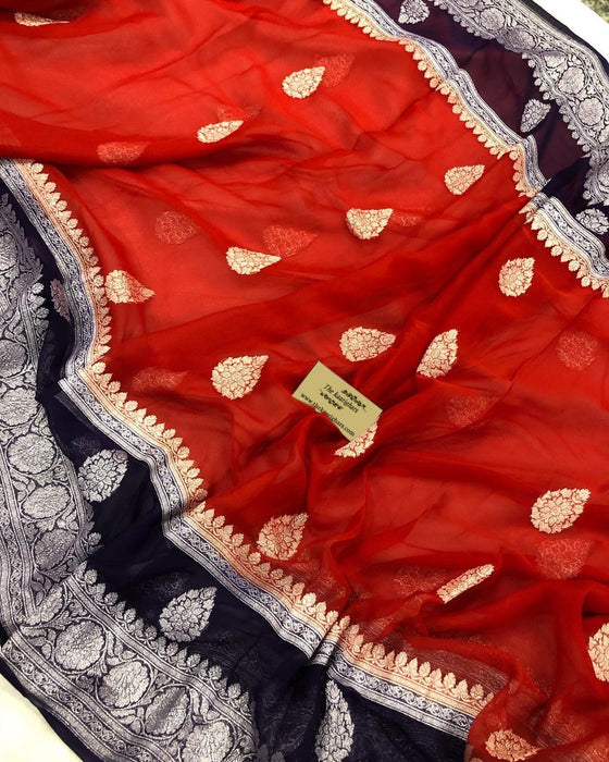 Midnight & Red Pure Khaddi Georgette Banarasi Handloom Saree - Silver Zari