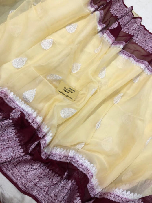 Wine & Cream Pure Khaddi Georgette Banarasi Handloom Saree - Silver Zari