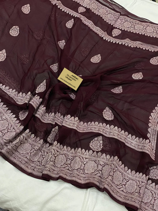 Italian Brown Pure Khaddi Georgette Banarasi Handloom Saree - Silver Zari
