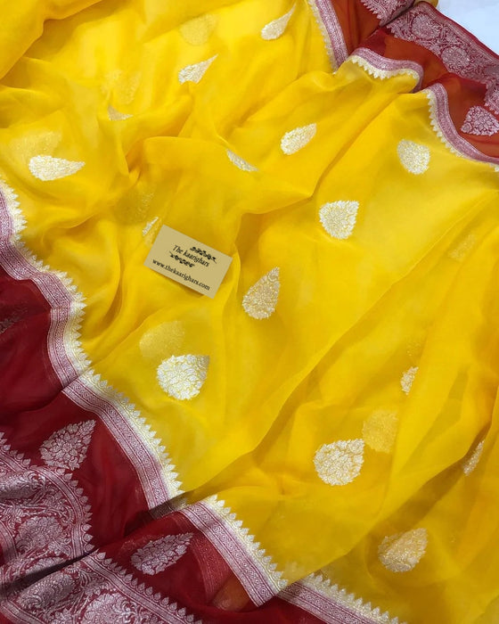 Maroon & Yellow Pure Khaddi Georgette Banarasi Handloom Saree - Silver Zari