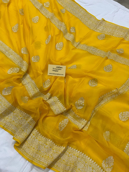 Yellow Pure Khaddi Georgette Banarasi Handloom Saree - Silver Zari