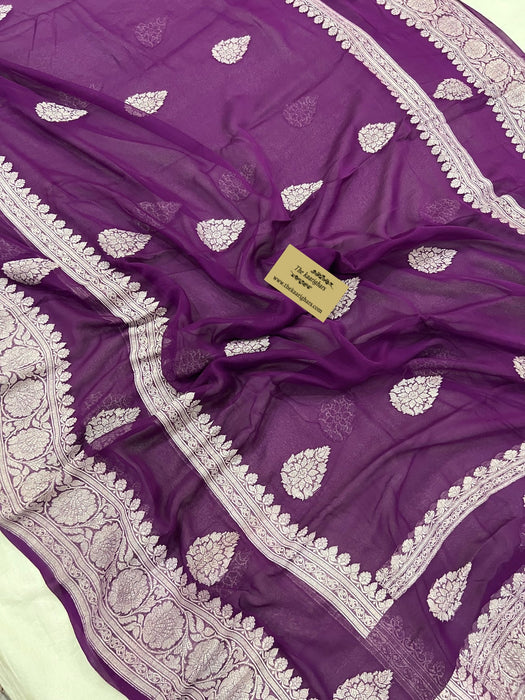 Purple Pure Khaddi Georgette Banarasi Handloom Saree - Silver Zari