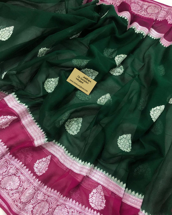Rani & Green Pure Khaddi Georgette Banarasi Handloom Saree - Silver Zari