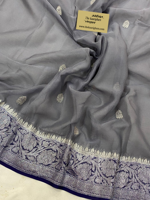 Gray & Navy Pure Kadhwa Chiffon Georgette Banarasi Saree - Silver Zari