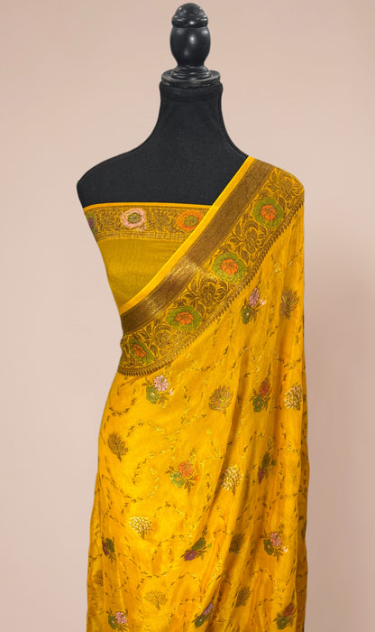 Mustard Pure Khaddi Chiffon Banarasi Saree - Meenakari Work