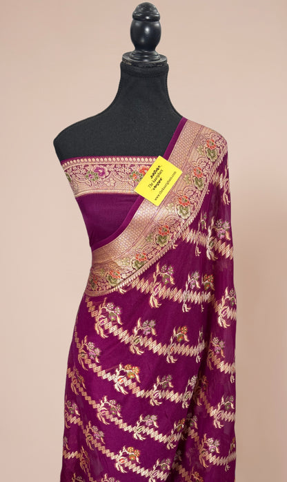 Wine Pure Khaddi Chiffon Banarasi Saree - Meenakari Work