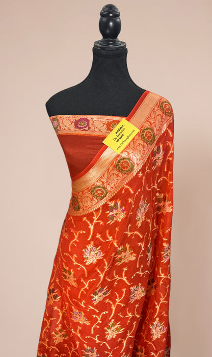 Orange Pure Khaddi Chiffon Banarasi Saree - Meenakari Work