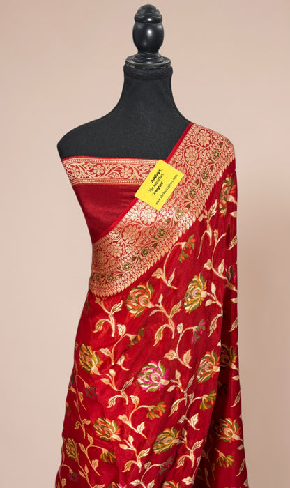 Red Pure Khaddi Chiffon Banarasi Saree - Meenakari Work