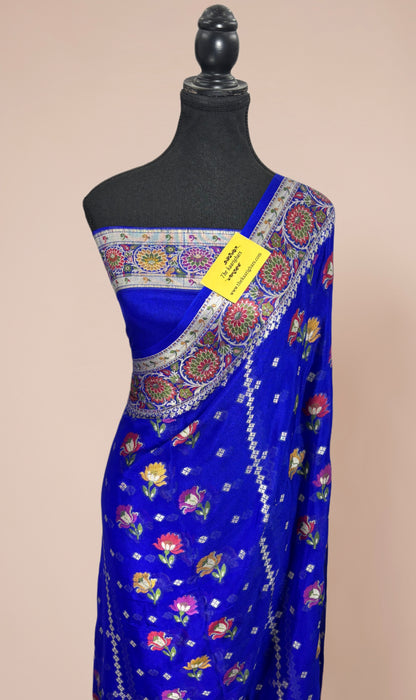 Royal Blue Pure Khaddi Chiffon Banarasi Saree - Meenakari Work