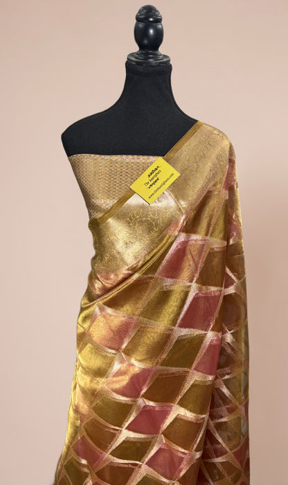 Gold Pure Banarasi Tissue Handloom Saree - Hand Filled Meenakari