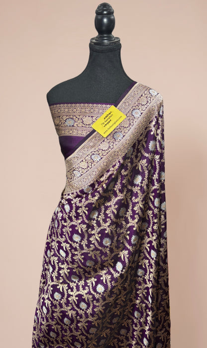 Spanish Purple Pure Katan Banarasi Handloom Saree - Sona Roopa Jaal Work