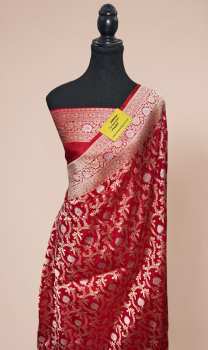 Red Pure Katan Banarasi Handloom Saree - Sona Roopa Jaal Work