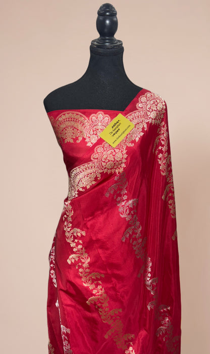 Red Pure Katan Banarasi Handloom Saree - Kadiyal Jaal Work