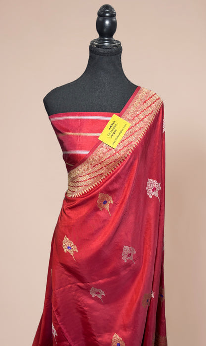 Red Pure Katan Banarasi Handloom Saree - Kadiyal Sona Roopa