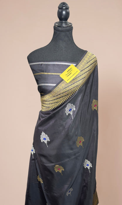 Charcoal Black Pure Katan Banarasi Handloom Saree - Kadiyal Sona Roopa