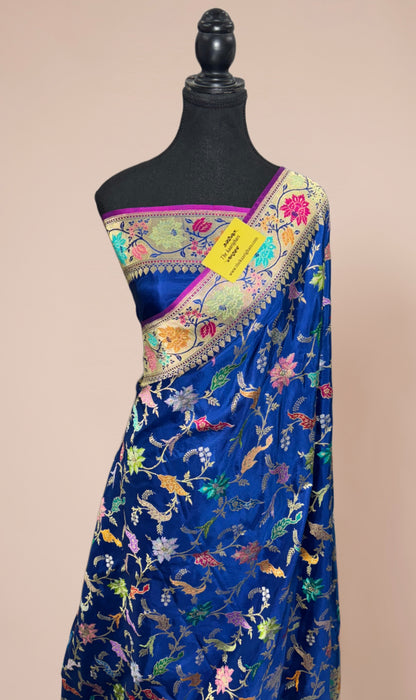 Blue Ektara Pure Katan Silk Banarasi Handloom Saree - Kadhiyal Jangla with Tested Zari