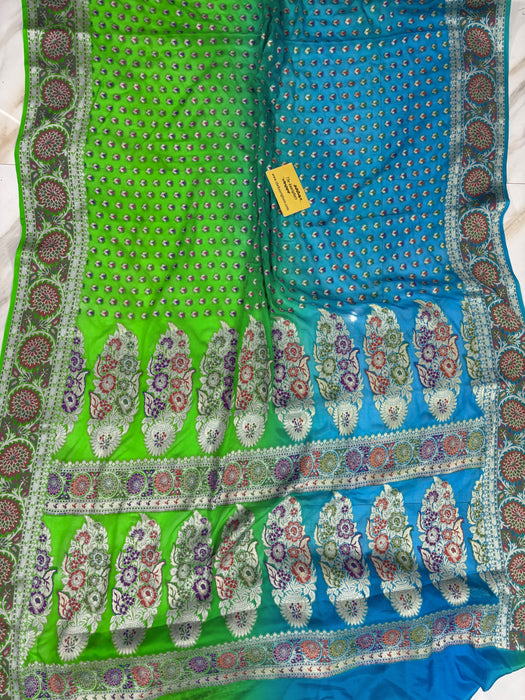 Green and Blue Pure Khaddi Chiffon Banarasi Saree - Meenakari