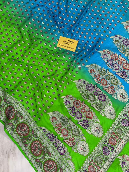 Green and Blue Pure Khaddi Chiffon Banarasi Saree - Meenakari