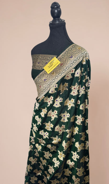 Bottle Green Pure Katan Banarasi Handloom Saree - Tilfi Meenakari Work