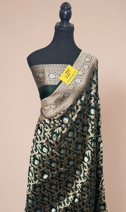 Green Pure Katan Banarasi Handloom Saree - Sona Roopa Jaal Work