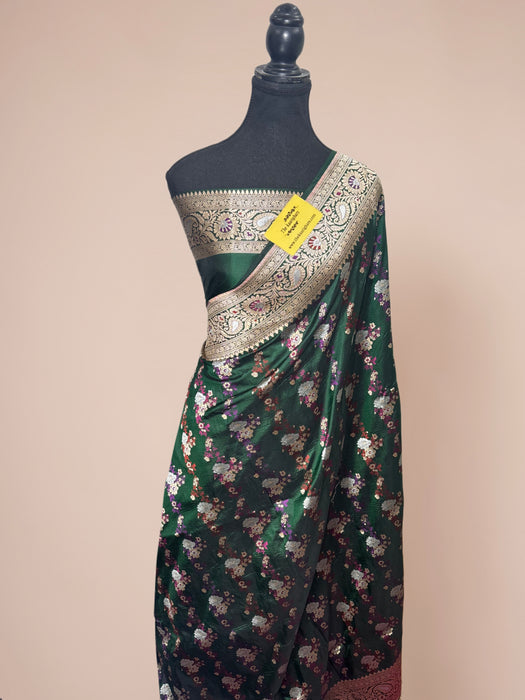Bottle Green Pure Katan Banarasi Handloom Saree - Meenakari Jangla