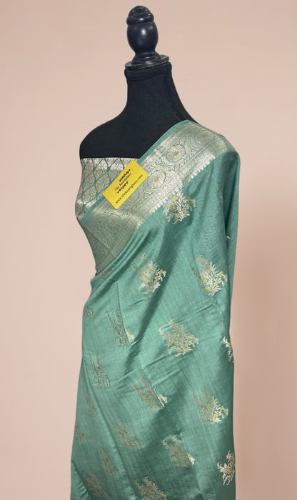 Teal Gray Pure Chiniya Banarasi Handloom Saree