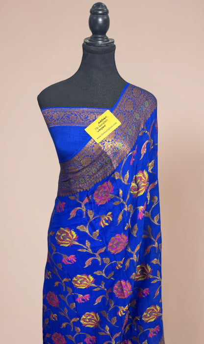 Royal Blue Pure Khaddi Chiffon Banarasi Saree - Meenakari Work