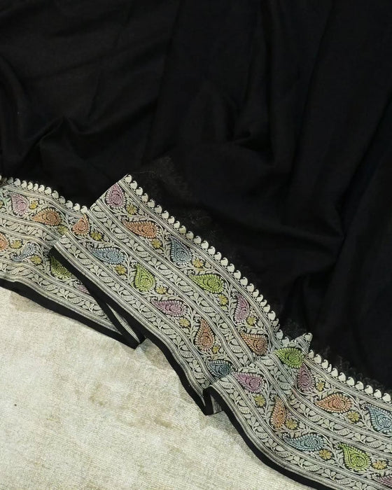 Black Pure Khaddi Georgette Banarasi Handloom Saree - Hand Filled Meenakari