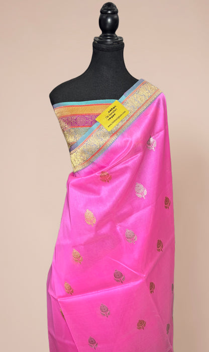 Pink Pure Kora Banarasi Handloom Saree - Sona Roopa Work