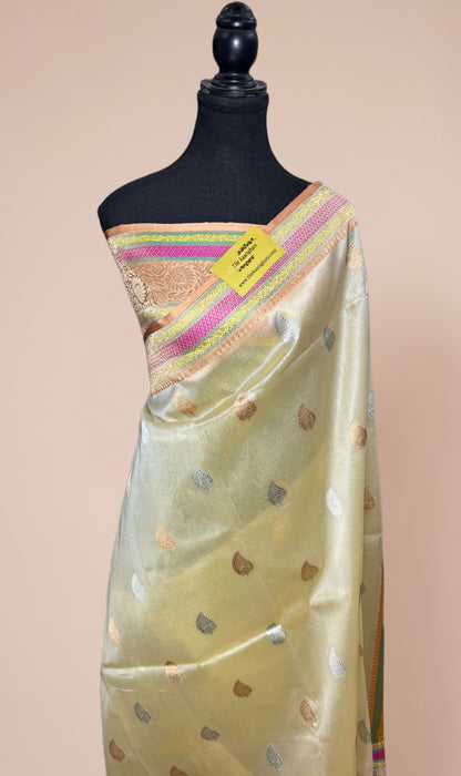 Cream Pure Kora Banarasi Handloom Saree - Sona Roopa Work