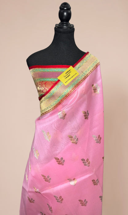 Baby Pink Pure Kora Banarasi Handloom Saree - Sona Roopa Work