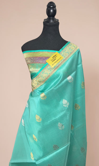 Glacier Pure Kora Banarasi Handloom Saree - Sona Roopa Work