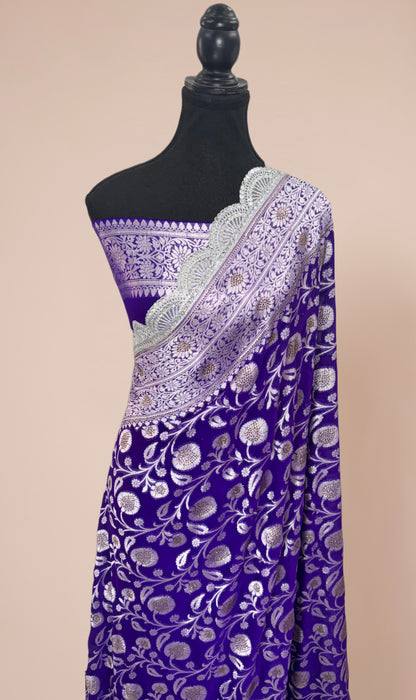 Purple Pure Khaddi Georgette Banarasi Handloom Saree - Designer Border with Sorovski Work