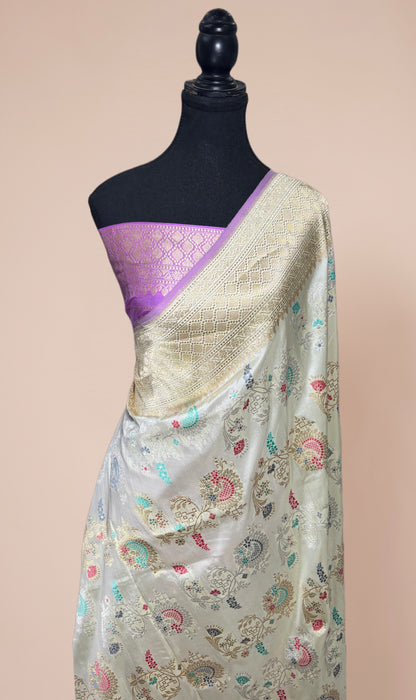 Ektara Pure Katan Silk Banarasi Handloom Saree - Silver and Gold Kadhiyal Jangla with Tested Zari