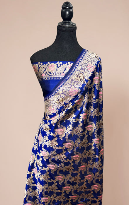German Blue Pure Katan Banarasi Handloom Saree - Sona Meenakari Jaal Work