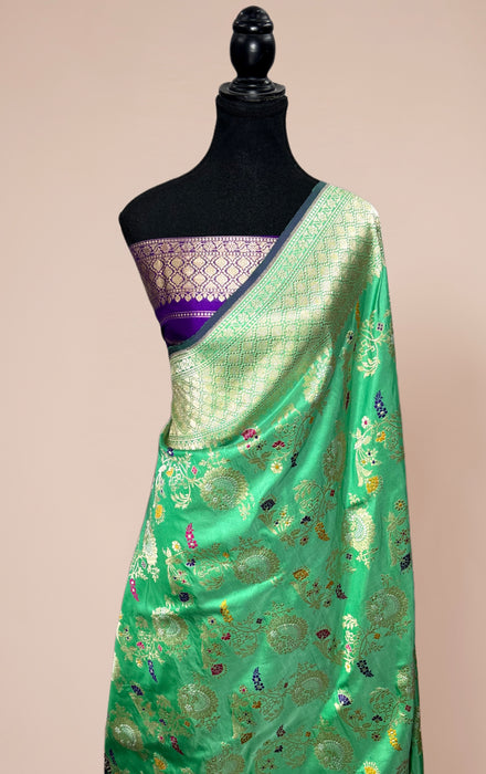Ektara Pure Katan Silk Banarasi Handloom Saree - Silver and Gold Kadhiyal Jangla with Tested Zari