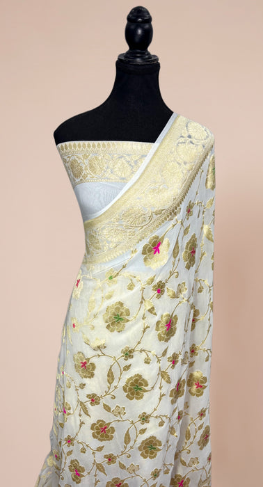White Khaddi Georgette Banarasi Handloom Saree - Meenakari