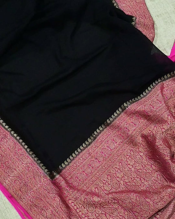Rani and Black Khaddi Georgette Banarasi Handloom Saree - Antique Zari