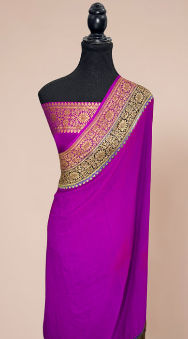 Purple Khaddi Georgette Banarasi Handloom Saree - Antique Zari
