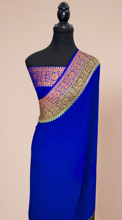 Royal Blue Khaddi Georgette Banarasi Handloom Saree - Antique Zari