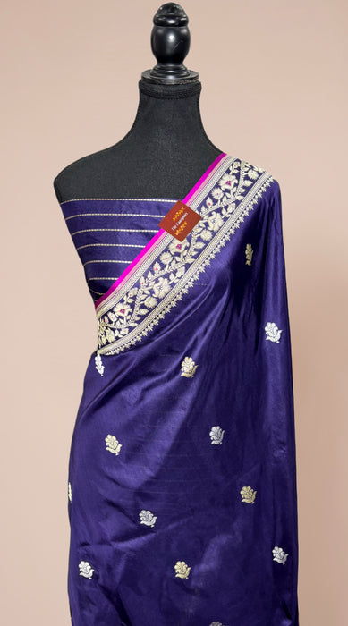 Navy Pure Katan Banarasi Handloom Saree - Kadhiyal Sona Roopa with Meenakari