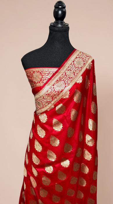 Red Pure Katan Banarasi Handloom Saree - With Sarowski and Zardozi Work