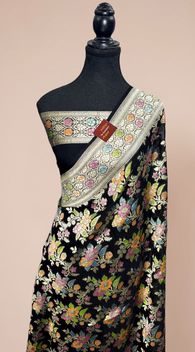 Black Khaddi Georgette Banarasi Handloom Saree - Handfilled Meenakari
