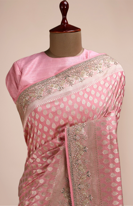 Pink Pure Katan Banarasi Handloom Saree - With Sarowski and Zardozi Work
