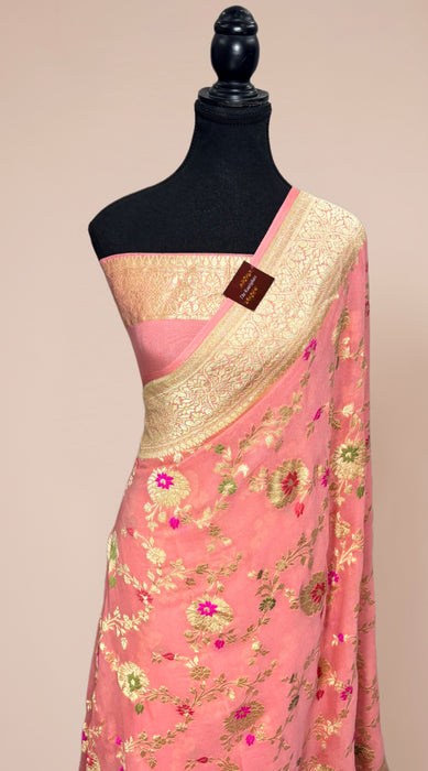 Baby Pink Khaddi Georgette Banarasi Handloom Saree - Meenakari