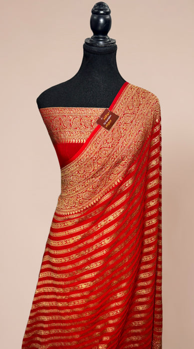 Red Khaddi Georgette Banarasi Handloom Saree - Antique Zari