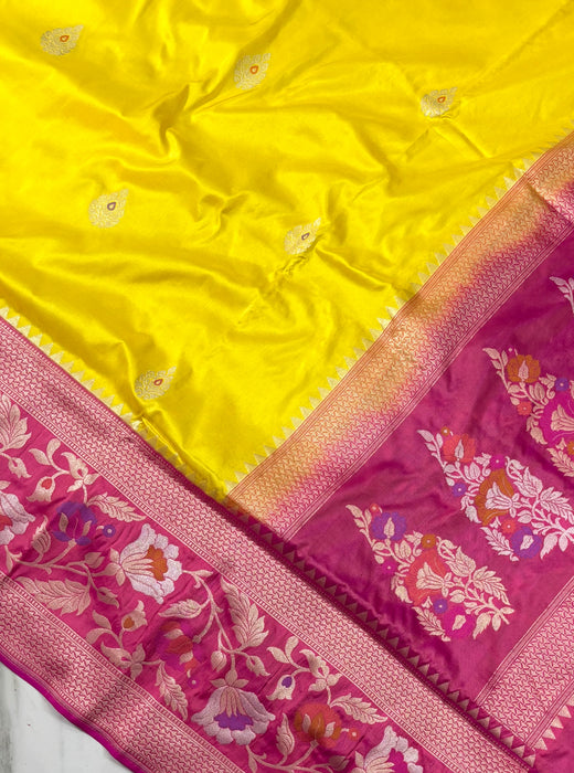 Yellow Pure Katan Banarasi Handloom Saree - Kadhiyal Sona Roopa with Meenakari