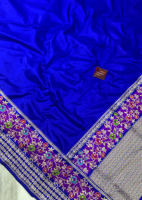 Royal Blue Pure Katan Banarasi Handloom Saree - Kadhiyal Meenakari