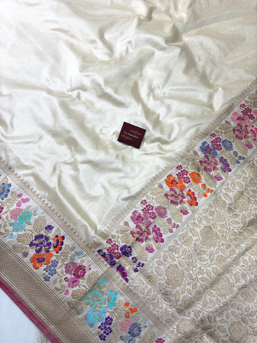 Cream Pure Katan Banarasi Handloom Saree - Kadhiyal Meenakari