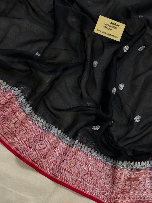 Black & Red Pure Kadhwa Chiffon Georgette Banarasi Saree - Silver Zari